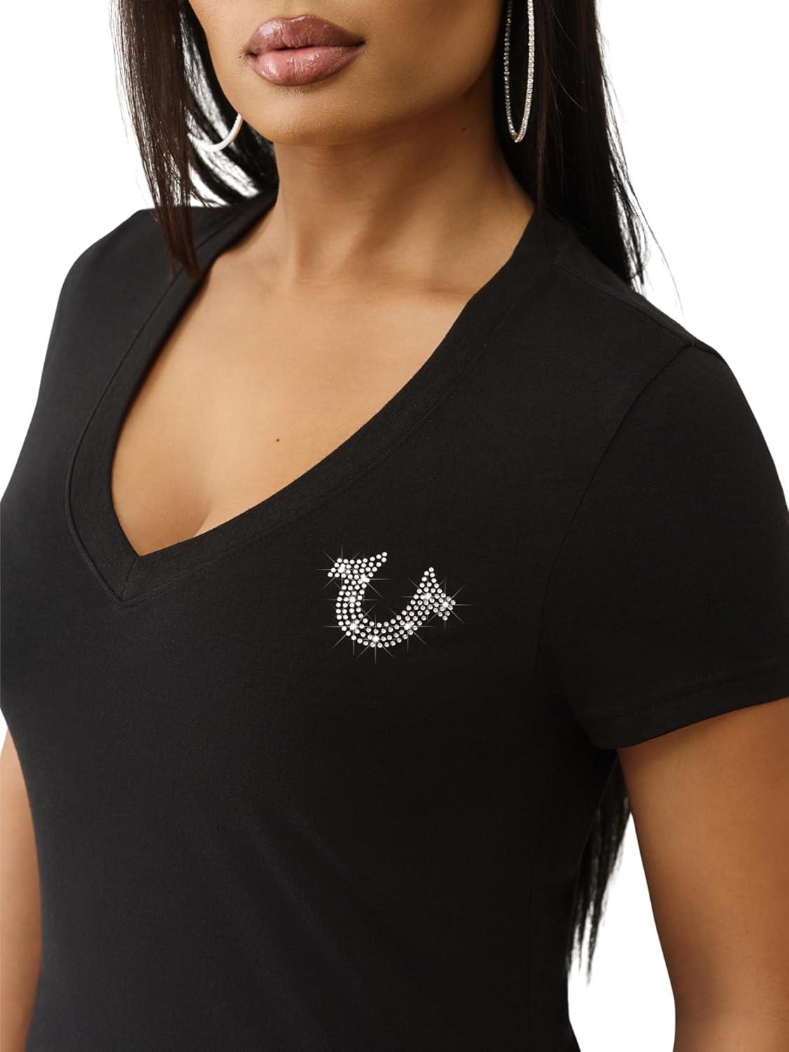 imageTrue Religion Crystal Buddha V Neck Tee for Women Graphic Short Sleeve Cotton Blend TopJet Black