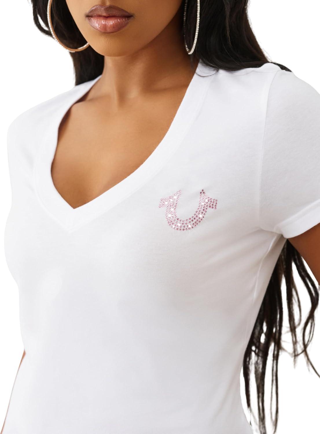 imageTrue Religion Crystal Buddha V Neck Tee for Women Graphic Short Sleeve Cotton Blend TopOptic White