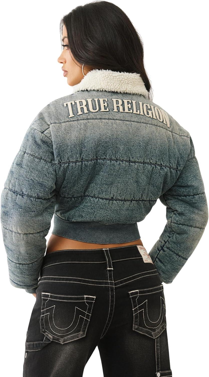 imageTrue Religion Denim Puffer Jacket for Women Cropped Winter Jacket with Snap Hood Logo Applique