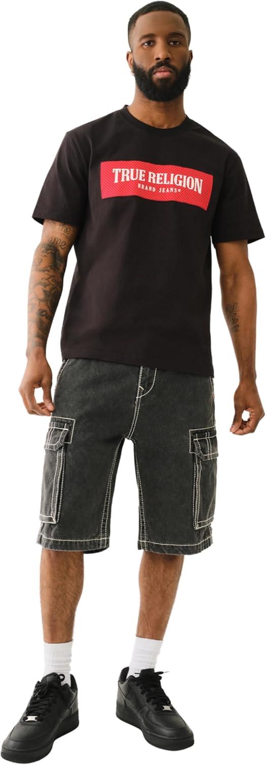 imageTrue Religion Mens Big T Vinny Cargo Denim Short Bullet Black Wash Slim Fit with Flap PocketsBullet Black Wash