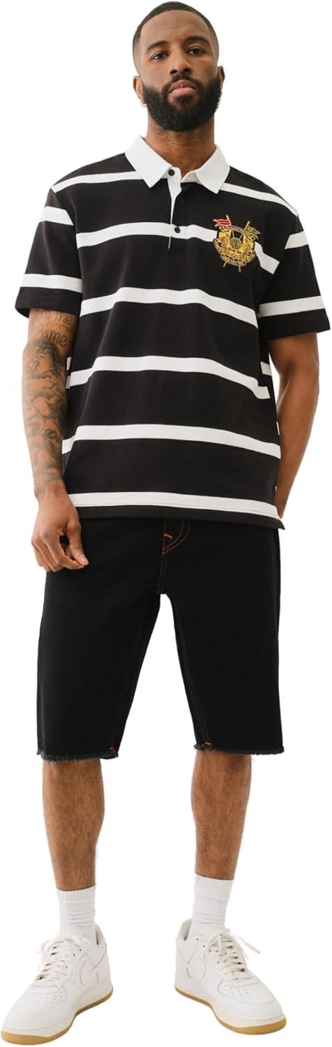 imageTrue Religion Mens Ricky SN Flap Short Fray Hem Denim Shorts with Flap Pockets and Distressed HemBlack Rinse