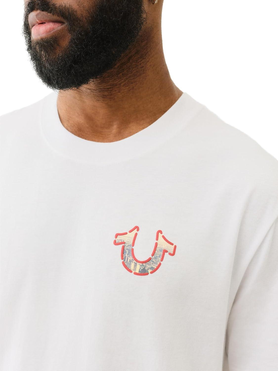 imageTrue Religion Mens Short Sleeve Graffiti Puff Tee Casual Graphic Crew Neck TShirtOptic White