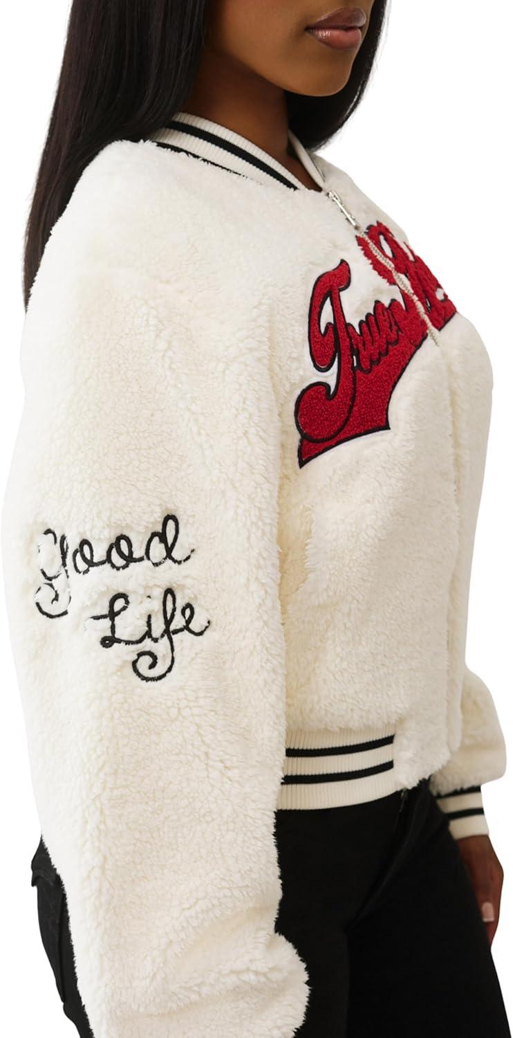 imageTrue Religion Varsity Chenille Bomber Womens Jacket Winter Coat for Women with Bold Patches ampamp Snap ButtonsWinter White
