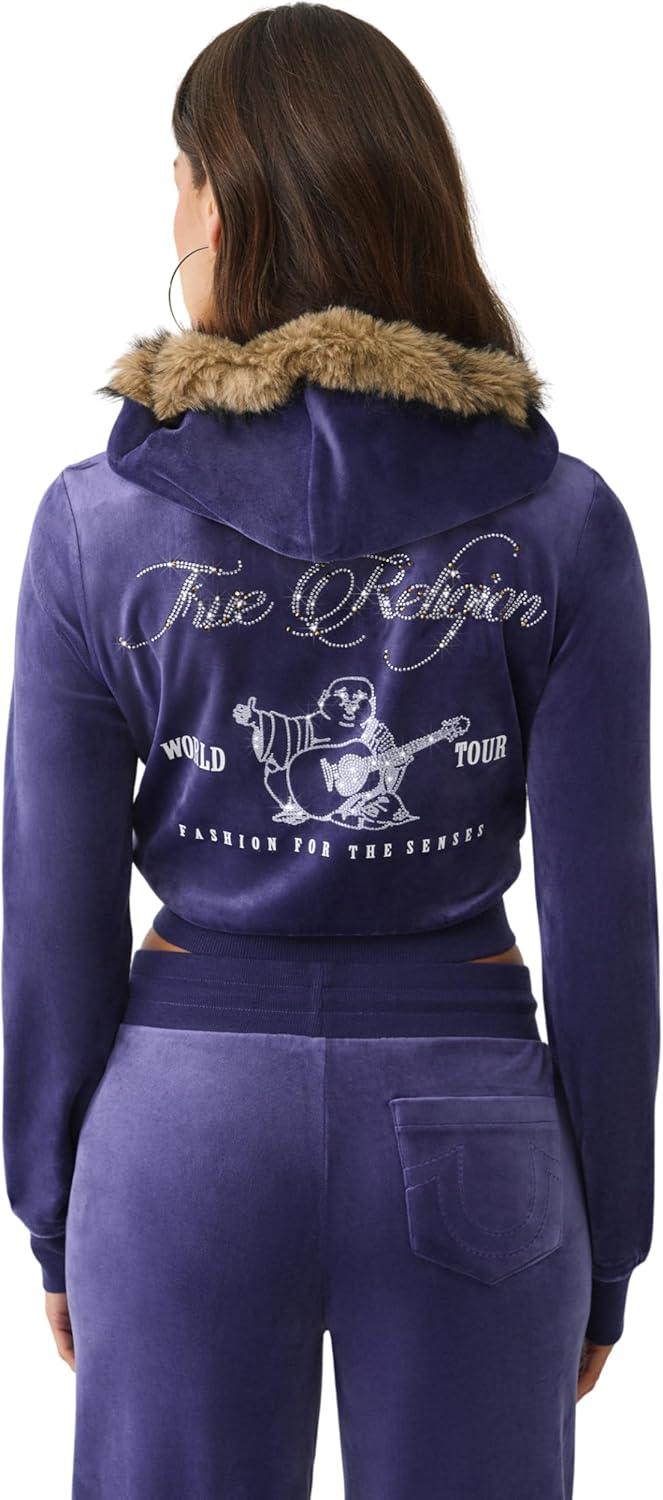 imageTrue Religion Velour Crystal Shrunken Womens Zip Up Hoodie Cropped Fit Crystal Horseshoe LogoAstral Aura