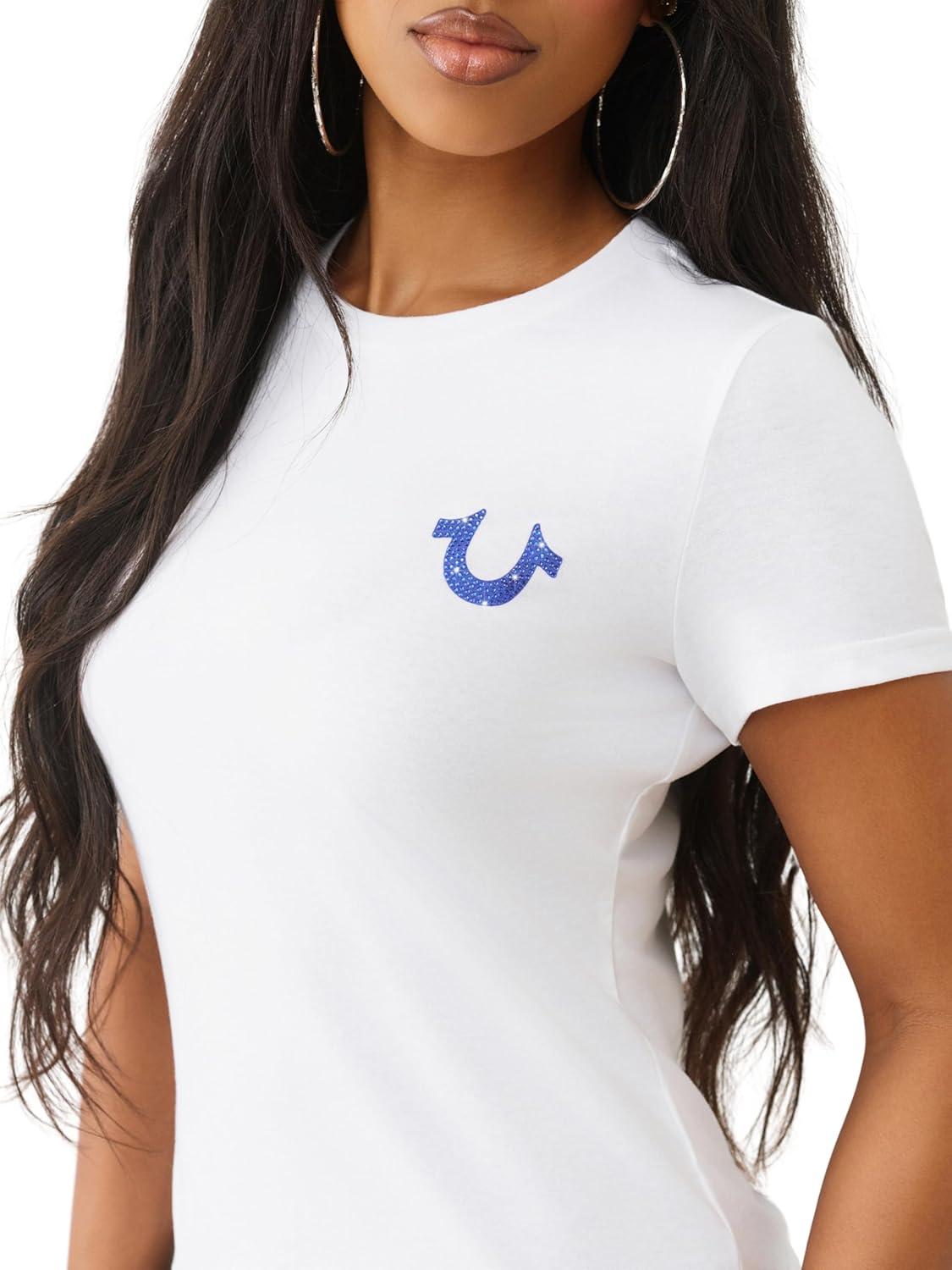 imageTrue Religion Women Crystal Crew Neck Tee Soft Cotton Blend TShirt with Metallic ampamp Crystal LogoOptic White