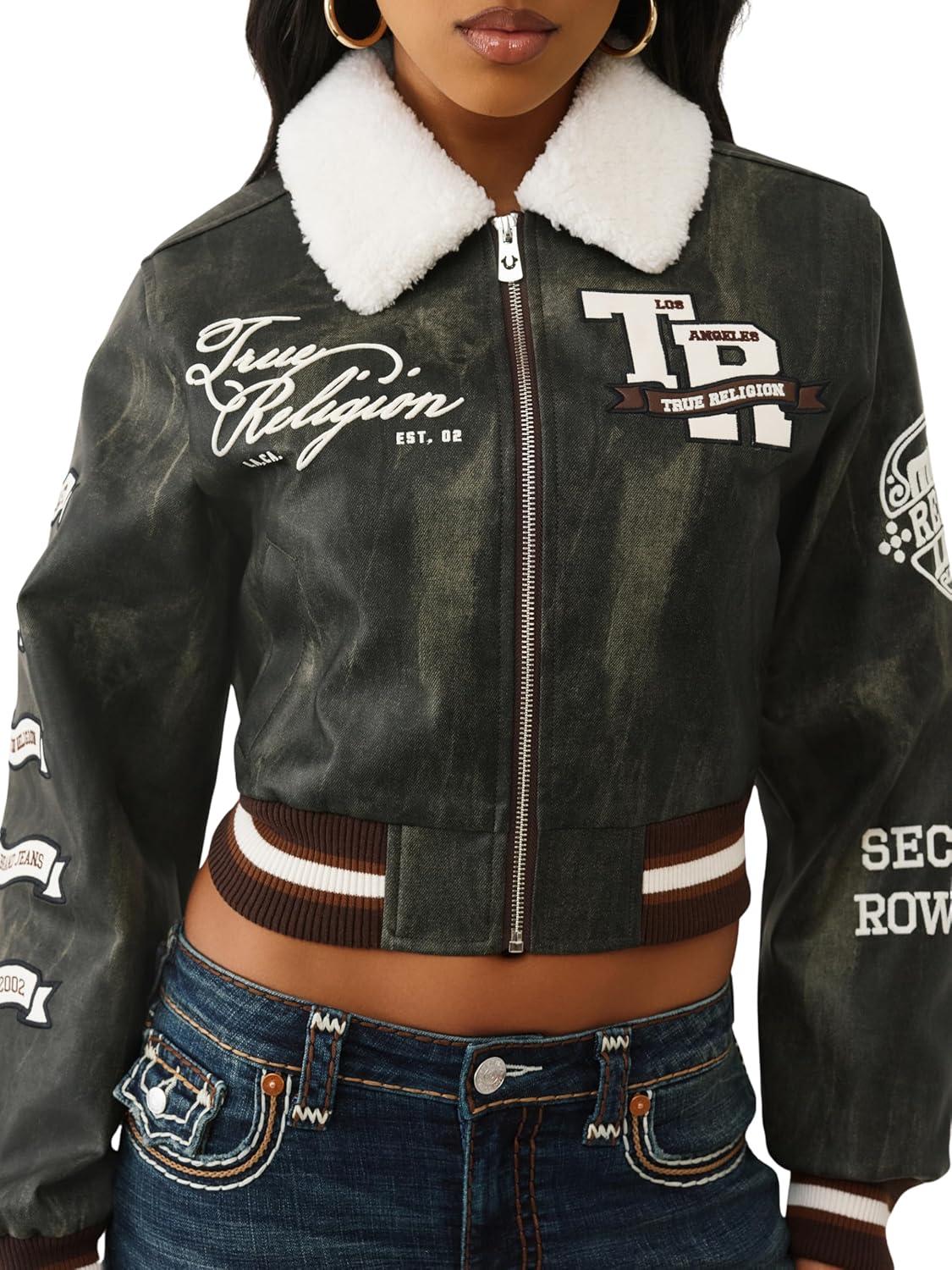 imageTrue Religion Womens Sherpa Collared Aviator Jacket FleeceLined ButtonFront Pilot StyleWashed Brown