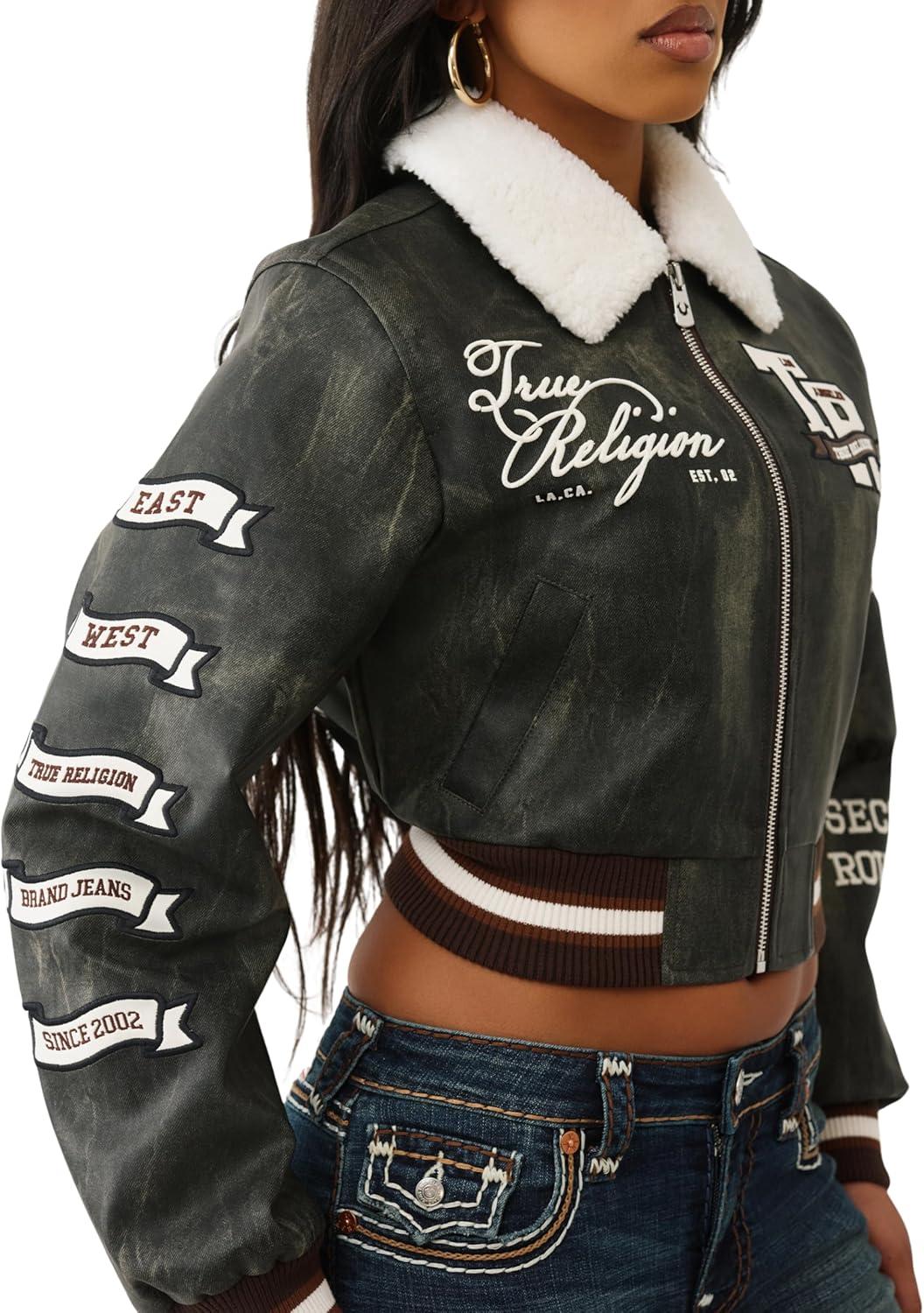 imageTrue Religion Womens Sherpa Collared Aviator Jacket FleeceLined ButtonFront Pilot StyleWashed Brown