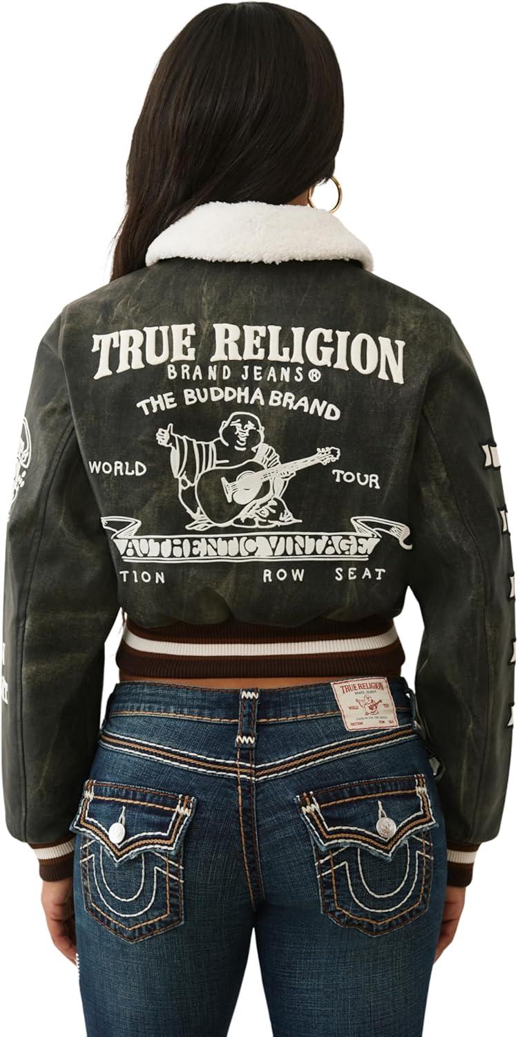 imageTrue Religion Womens Sherpa Collared Aviator Jacket FleeceLined ButtonFront Pilot StyleWashed Brown