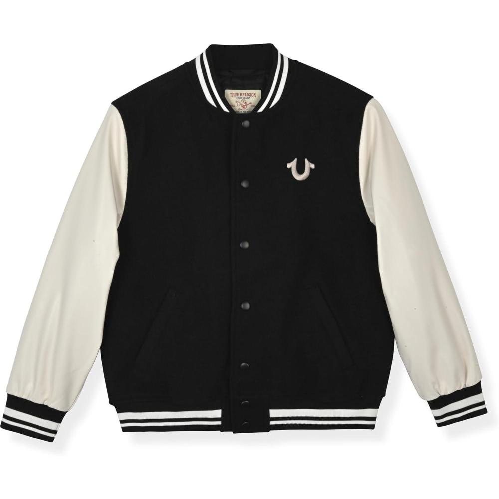 imageTrue Religion Boys Varsity Jacket Stylish Button Front Jacket with Faux Leather SleevesBlack