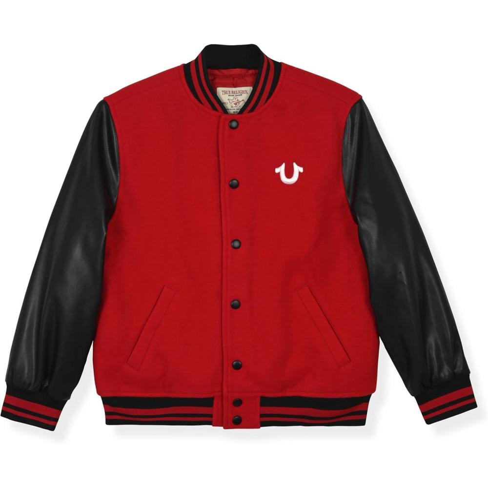 imageTrue Religion Boys Varsity Jacket  Stylish Button Front Jacket with Faux Leather SleevesRedblack