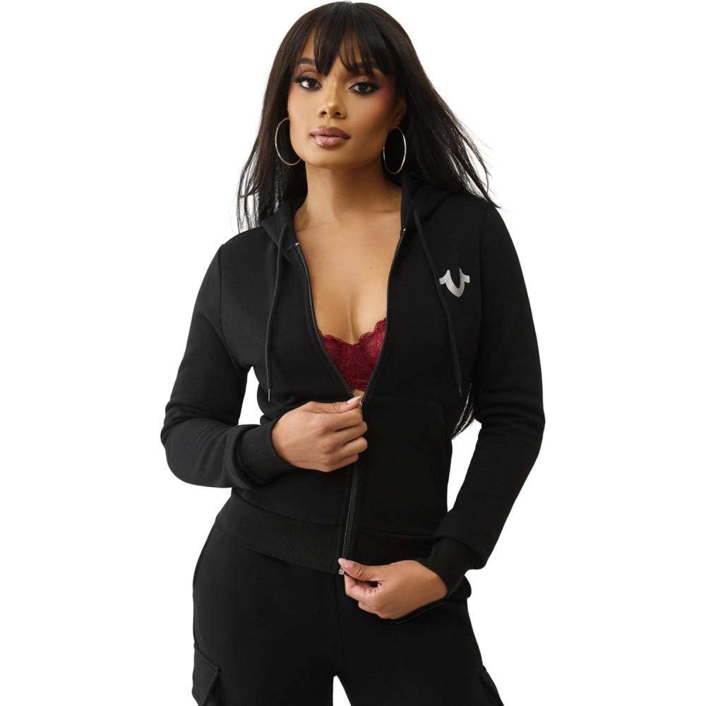 imageTrue Religion Buddha Banner Zip Up Hoodie for Women  Soft Cotton Blend Drawstring Hooded SweatshirtJet Black