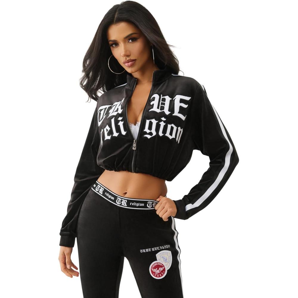 imageTrue Religion Cropped Velour Track Zip Up Hoodie for Women  Cozy Cropped HoodieJet Black
