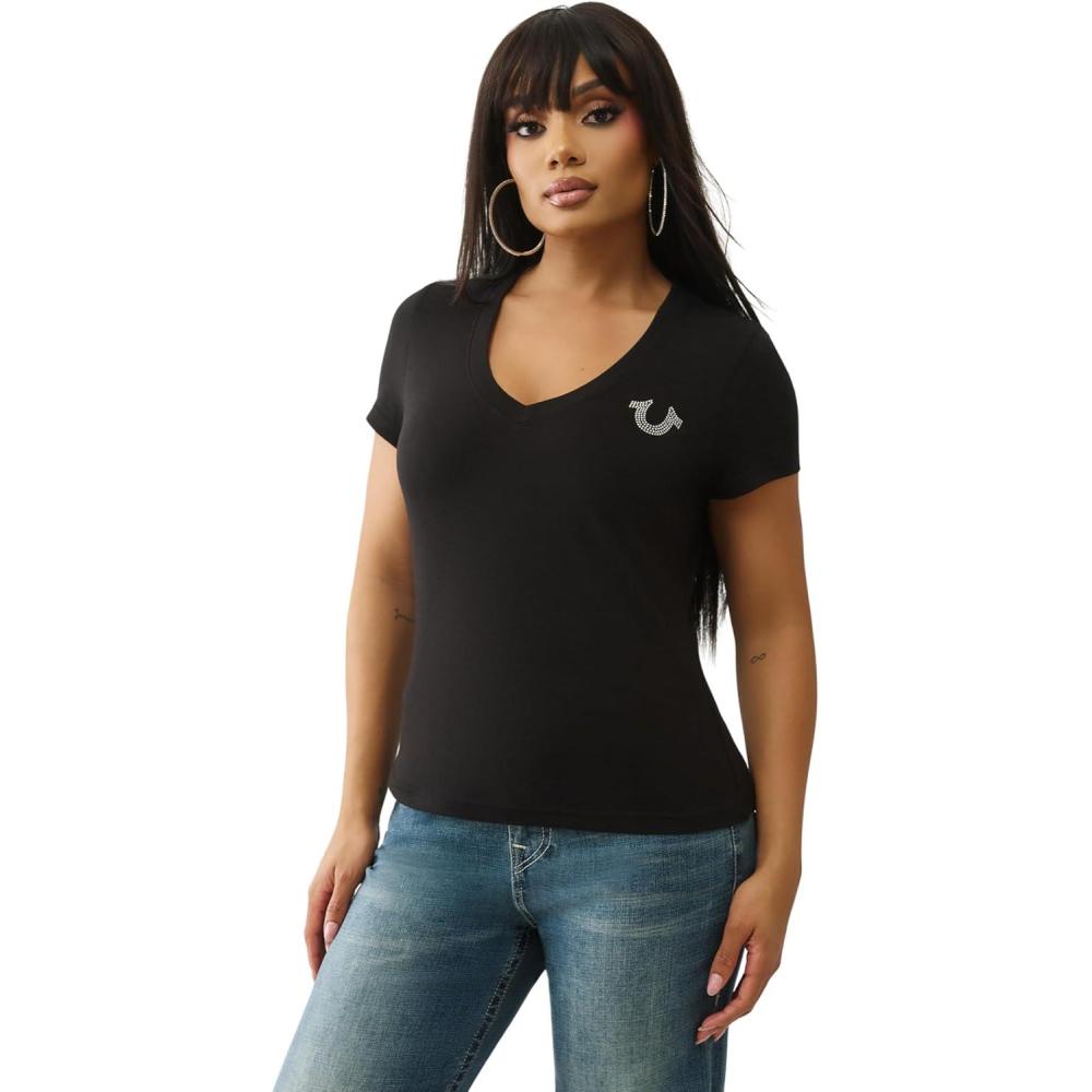 imageTrue Religion Crystal Buddha V Neck Tee for Women Graphic Short Sleeve Cotton Blend TopJet Black