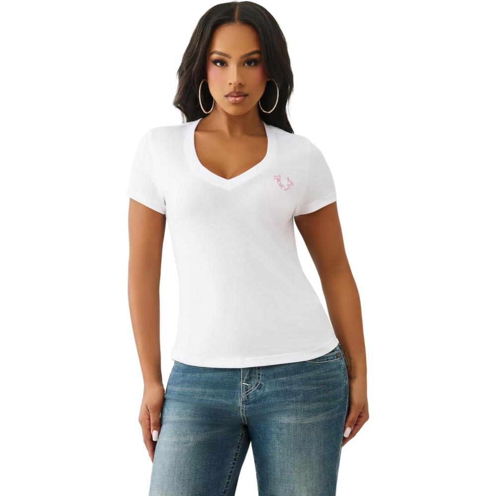 imageTrue Religion Crystal Buddha V Neck Tee for Women Graphic Short Sleeve Cotton Blend TopOptic White