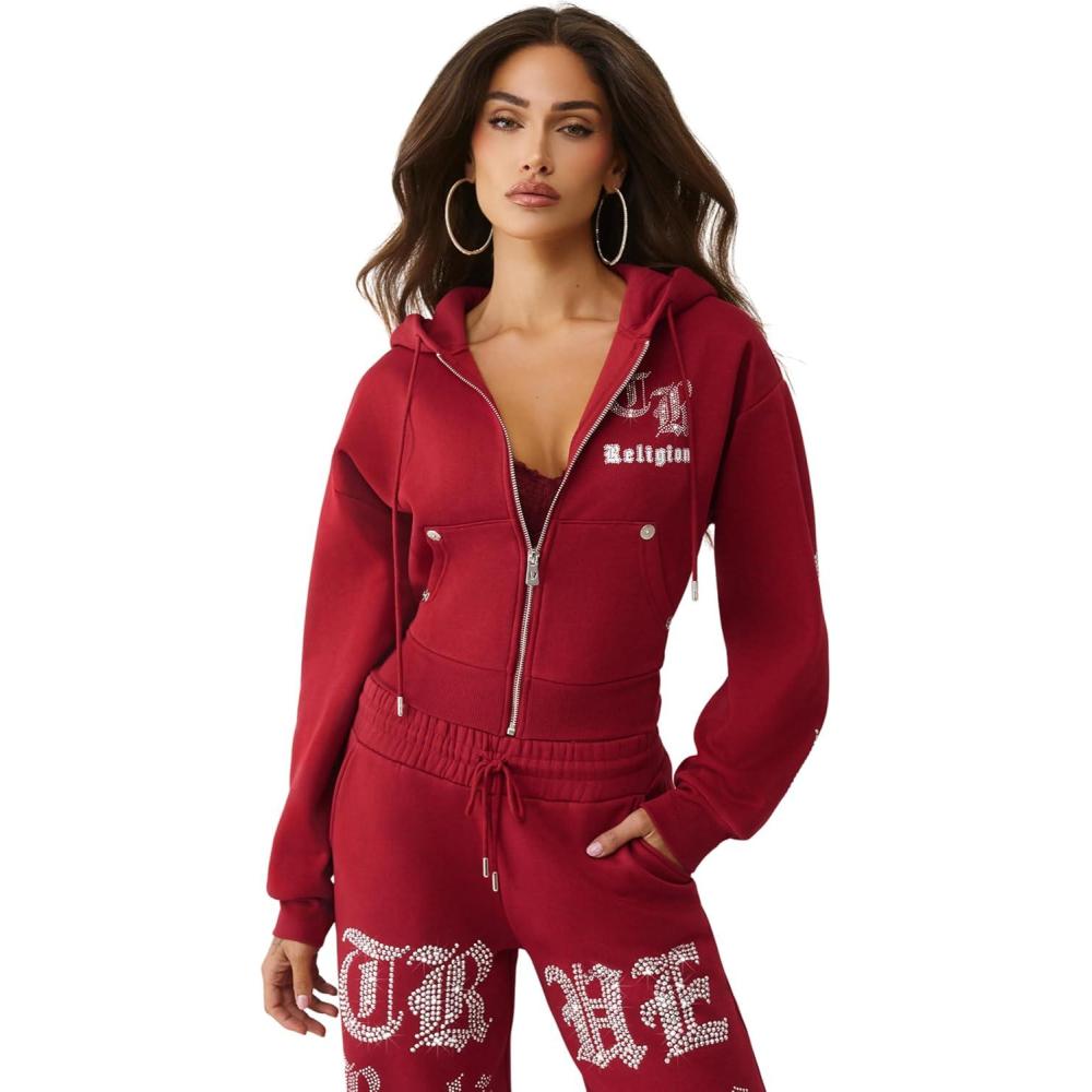 imageTrue Religion Crystal Logo Crop Zip Hoodie for Women  Cozy FleeceLined Cotton BlendRhubarb Red