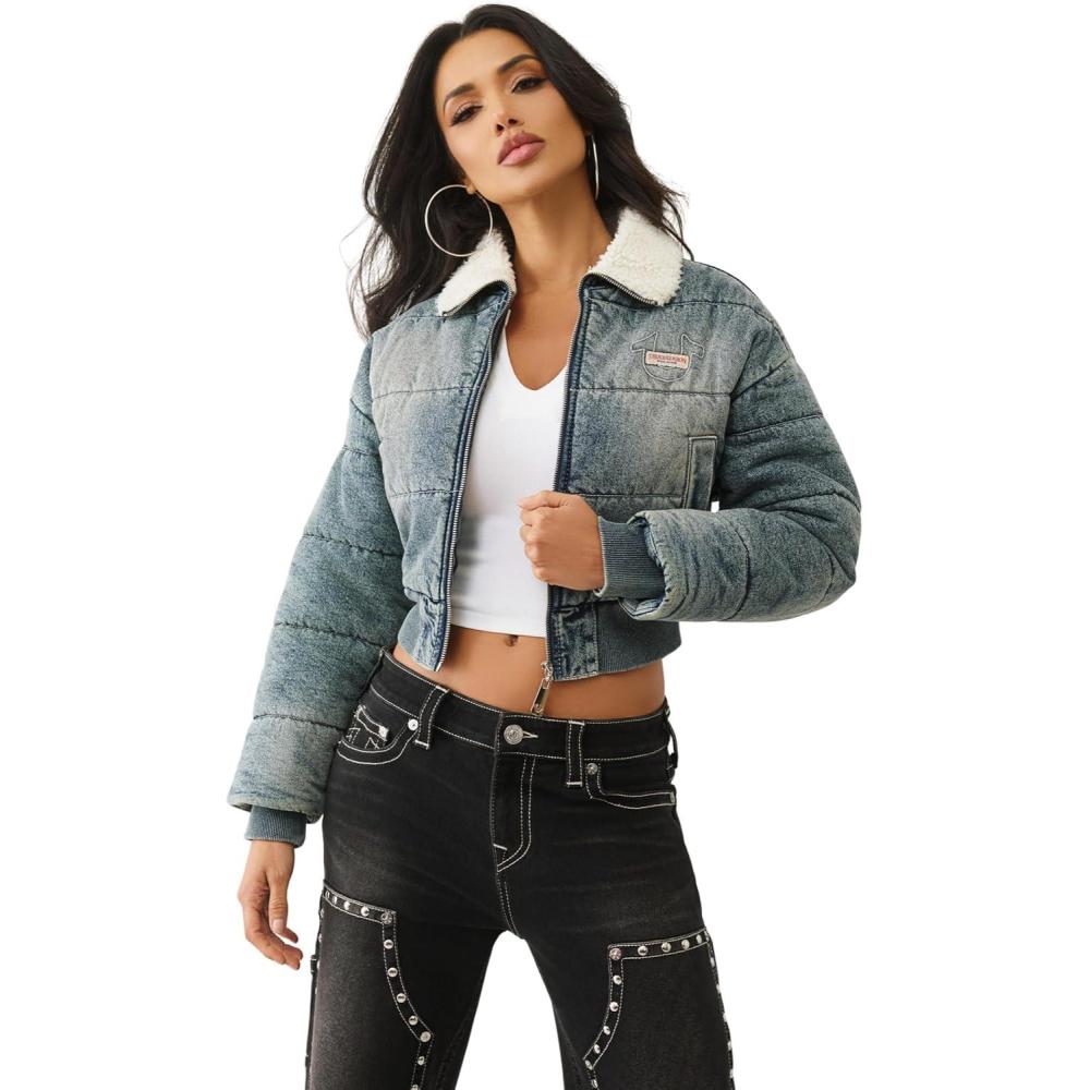 imageTrue Religion Denim Puffer Jacket for Women  Cropped Winter Jacket with Snap Hood Logo Applique