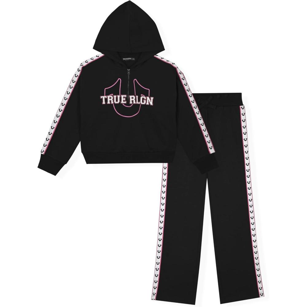 imageTrue Religion Girls 2 Piece Fleece Hooded Jogger Set ZipFront Hoodie ampamp Sweatpants OutfitBlack Taping