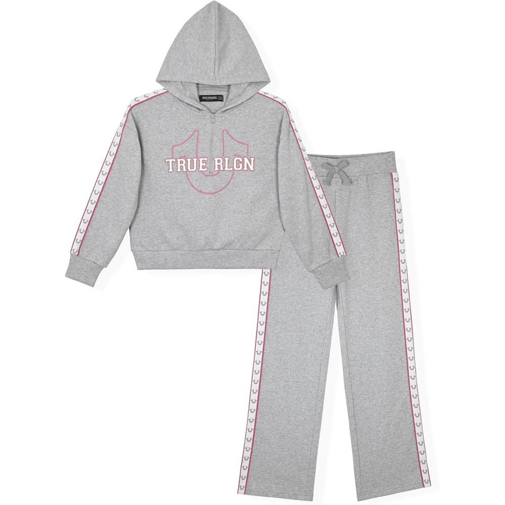 imageTrue Religion Girls 2 Piece Fleece Hooded Jogger Set ZipFront Hoodie ampamp Sweatpants OutfitGrey Taping