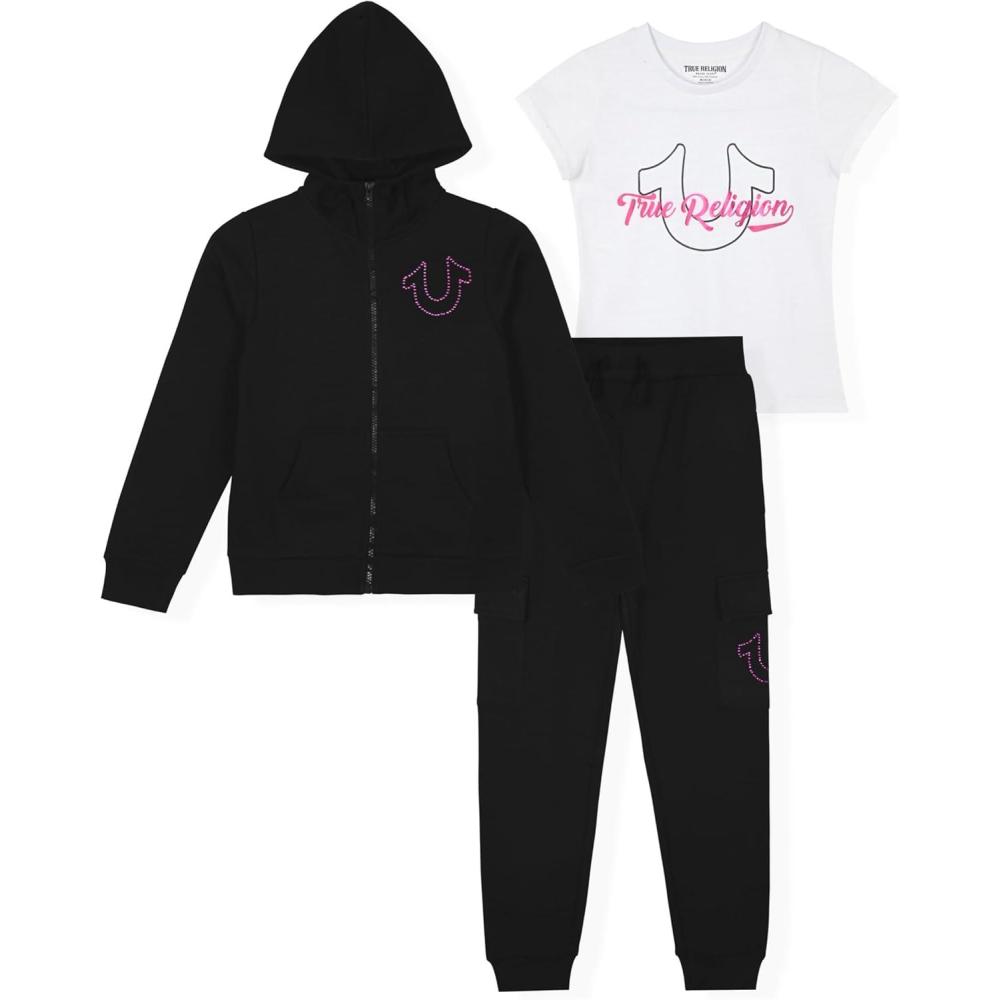 imageTrue Religion Girls 3 Piece Fleece Set Hoodie Tee Shirt ampamp JoggerLegging Outfit Rhinestud ampamp Foil Details Sizes 414Black Cargo