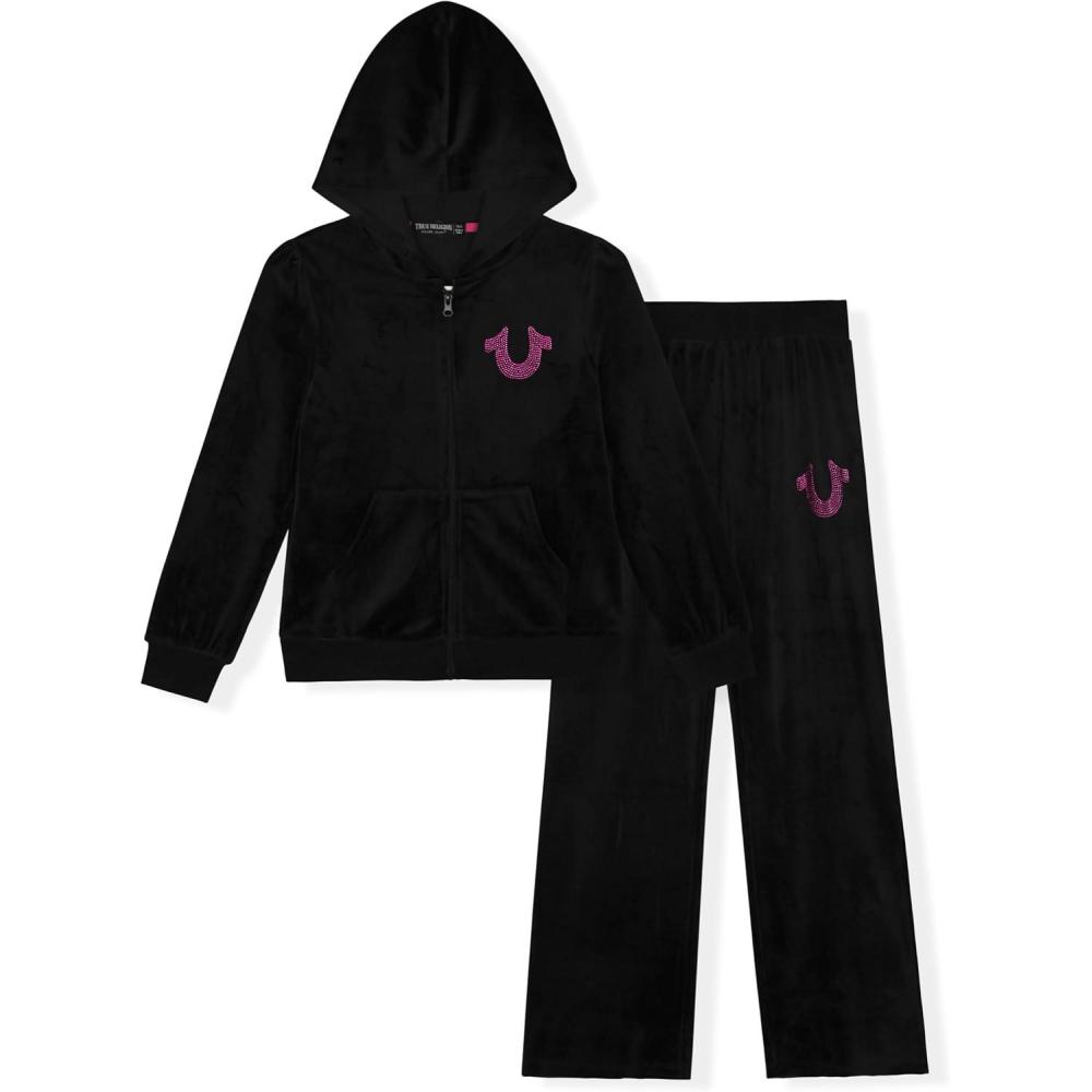 imageTrue Religion Girls Hoodie and Sweatpant Set Velour Jogger Sets for Girl Fashion ClothingBlack