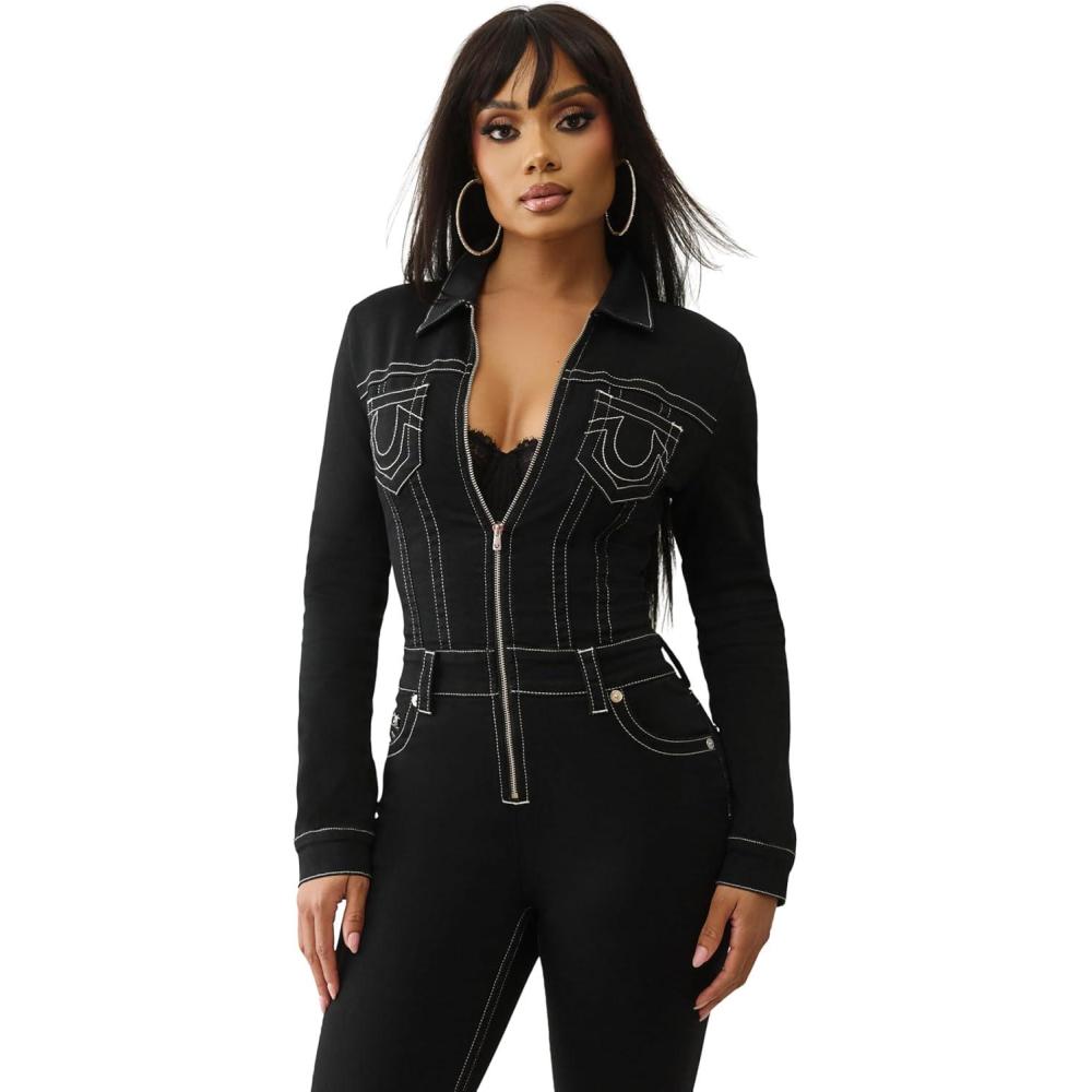 imageTrue Religion Knitigo Bootcut Jumpsuit for Women  Denim Piece Moto Belted Style Horseshoe Detail