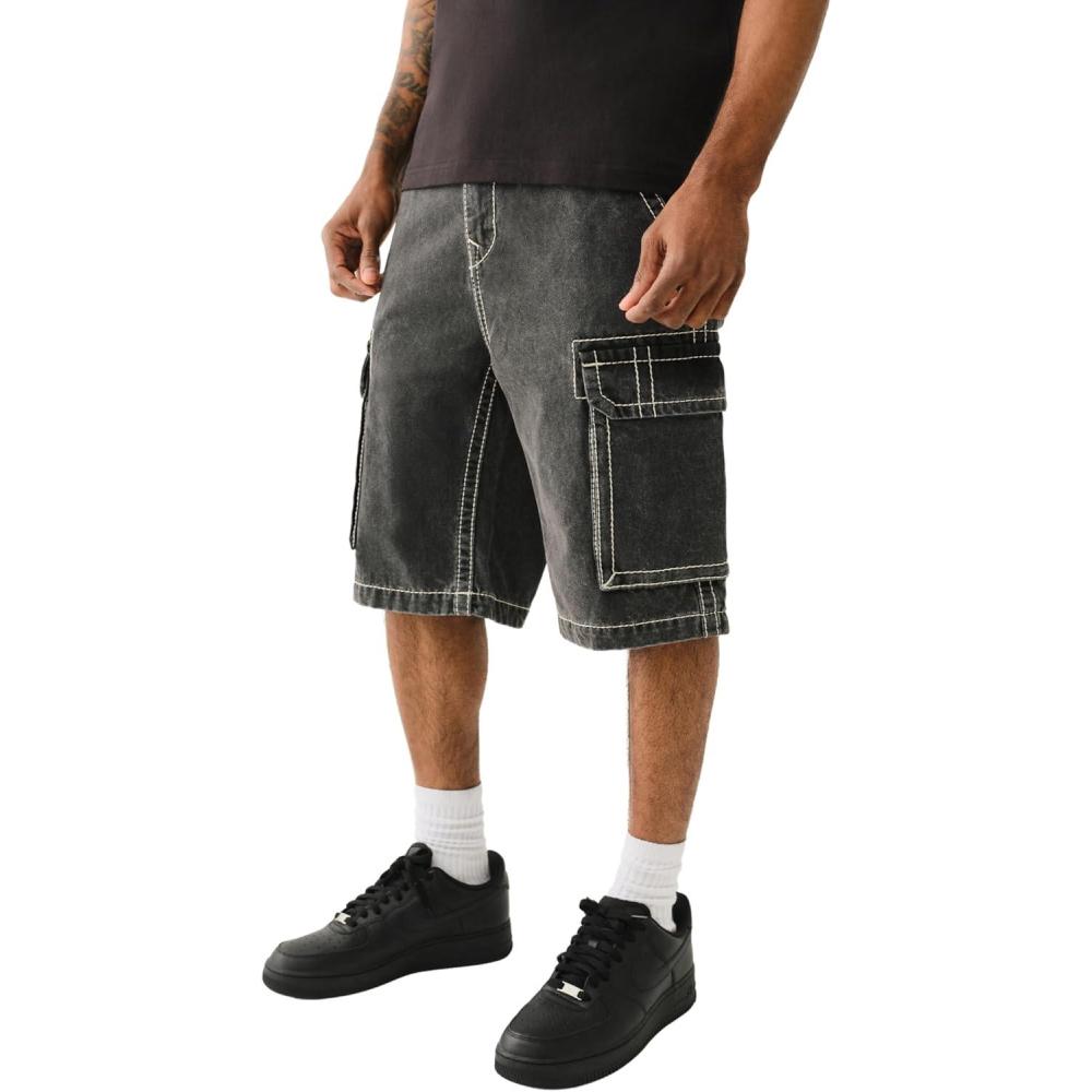 imageTrue Religion Mens Big T Vinny Cargo Denim Short Bullet Black Wash Slim Fit with Flap PocketsBullet Black Wash