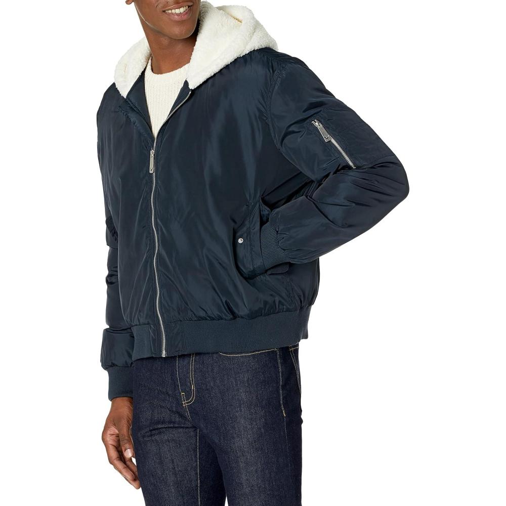 imageTrue Religion Mens Bomber Jacket with Sherpa HoodNight Sky