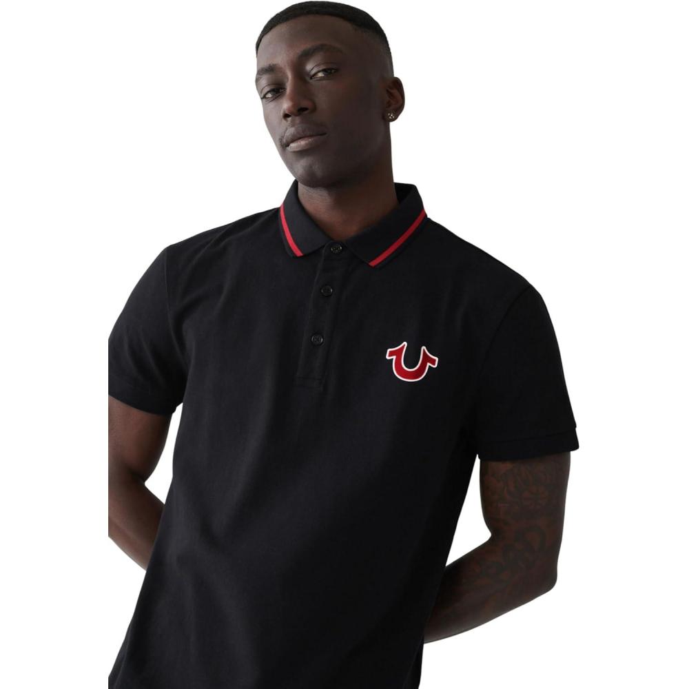 imageTrue Religion Mens JV7 Tipped Polo  Short Sleeve Cut ampamp Sew Knit Polo Shirt with Contrast Trim ampamp LogoJet Black