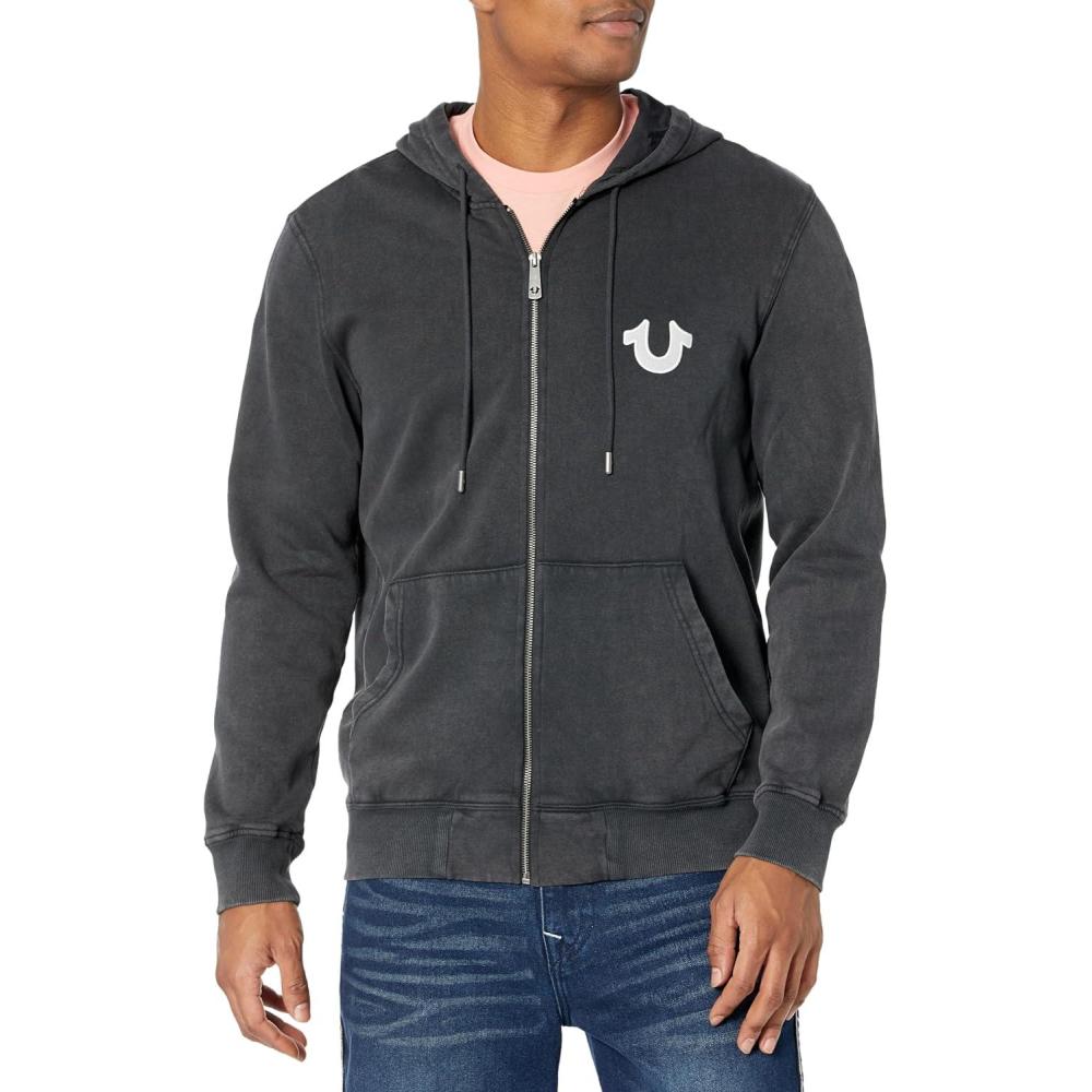 imageTrue Religion Mens Puff Print Core Zip Up Hoody  Full Zip with GraphicJet Black Vintage Wash