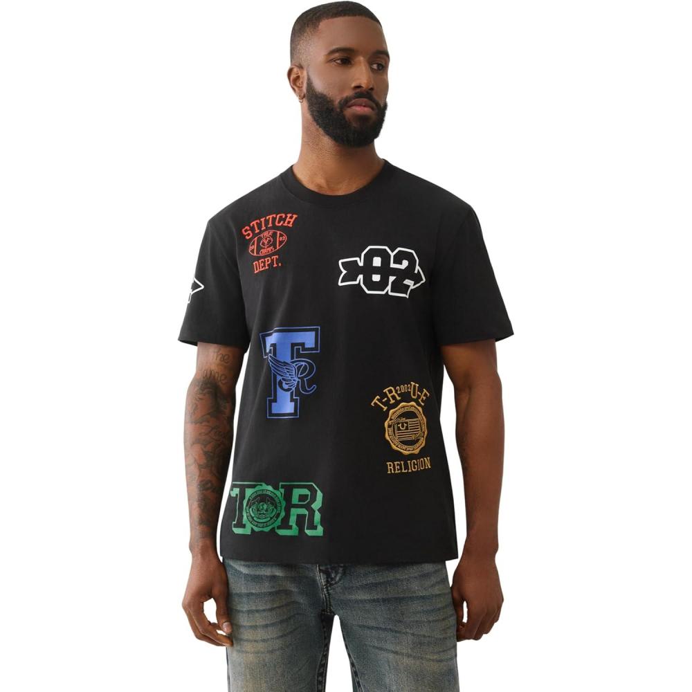 imageTrue Religion Mens SS Embroidery Uni Logo Tee Jet  100 Cotton Graphic TShirt with Crew Neck ampamp Iconic Streetwear StyleJet Black