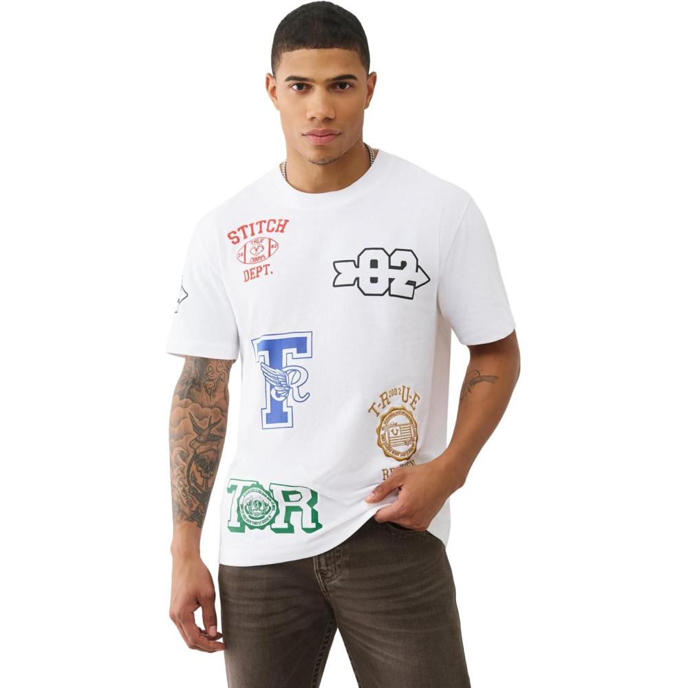 imageTrue Religion Mens SS Embroidery Uni Logo Tee Jet  100 Cotton Graphic TShirt with Crew Neck ampamp Iconic Streetwear StyleOptic White