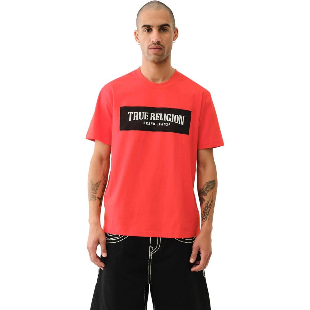 imageTrue Religion Mens Short Sleeve Mesh Box Logo Tee Casual Crew Neck TShirtFlame Scarlet