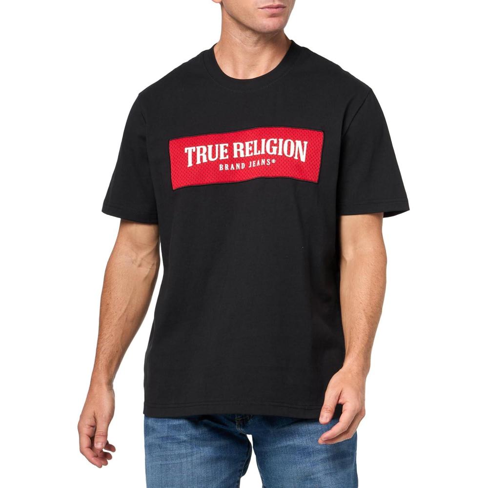 imageTrue Religion Mens Short Sleeve Mesh Box Logo Tee Casual Crew Neck TShirtJet Black
