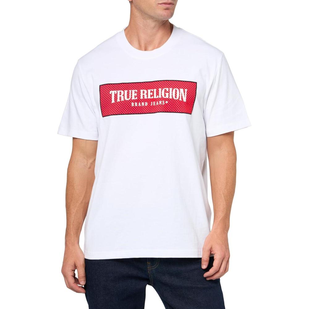 imageTrue Religion Mens Short Sleeve Mesh Box Logo Tee Casual Crew Neck TShirtOptic White
