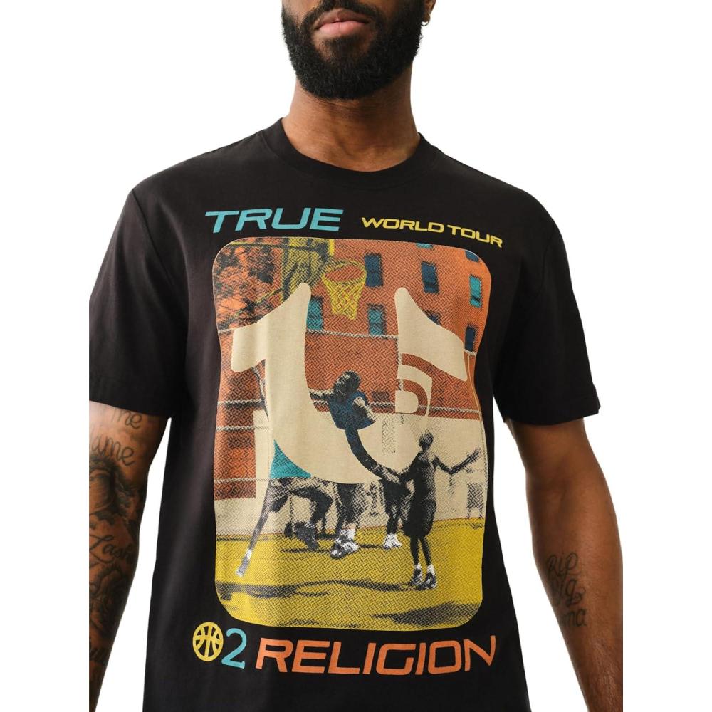 imageTrue Religion Mens Short Sleeve True Court Tee  Casual Graphic Crew Neck TShirtJet Black