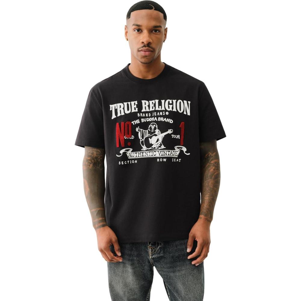 imageTrue Religion Mens Short Sleeve True Vintage No1 Tee Casual Graphic Crew Neck TShirtJet Black