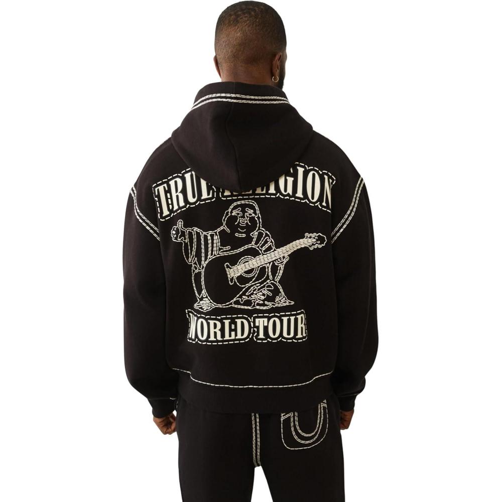 imageTrue Religion Mens Super QT Cinched Zip Up Hoodie  Premium Active Top with Logo Detailing and Full Zip