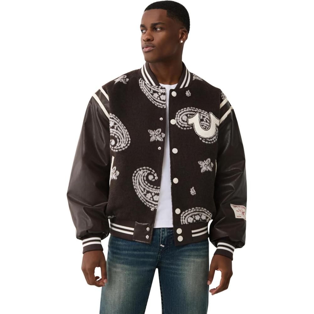 imageTrue Religion Mens Wool Retro Varsity Jacket  Classic Letterman Bomber with Logo PatchesDark Brown Winter White