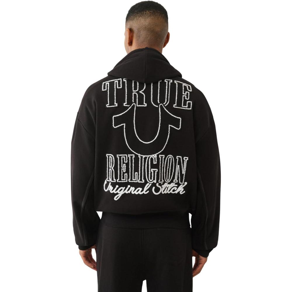 imageTrue Religion Rib Stitch Dept Boxy Zip Up for Men Stylish Full Zip Sweatshirt Comfortable FitJet Black