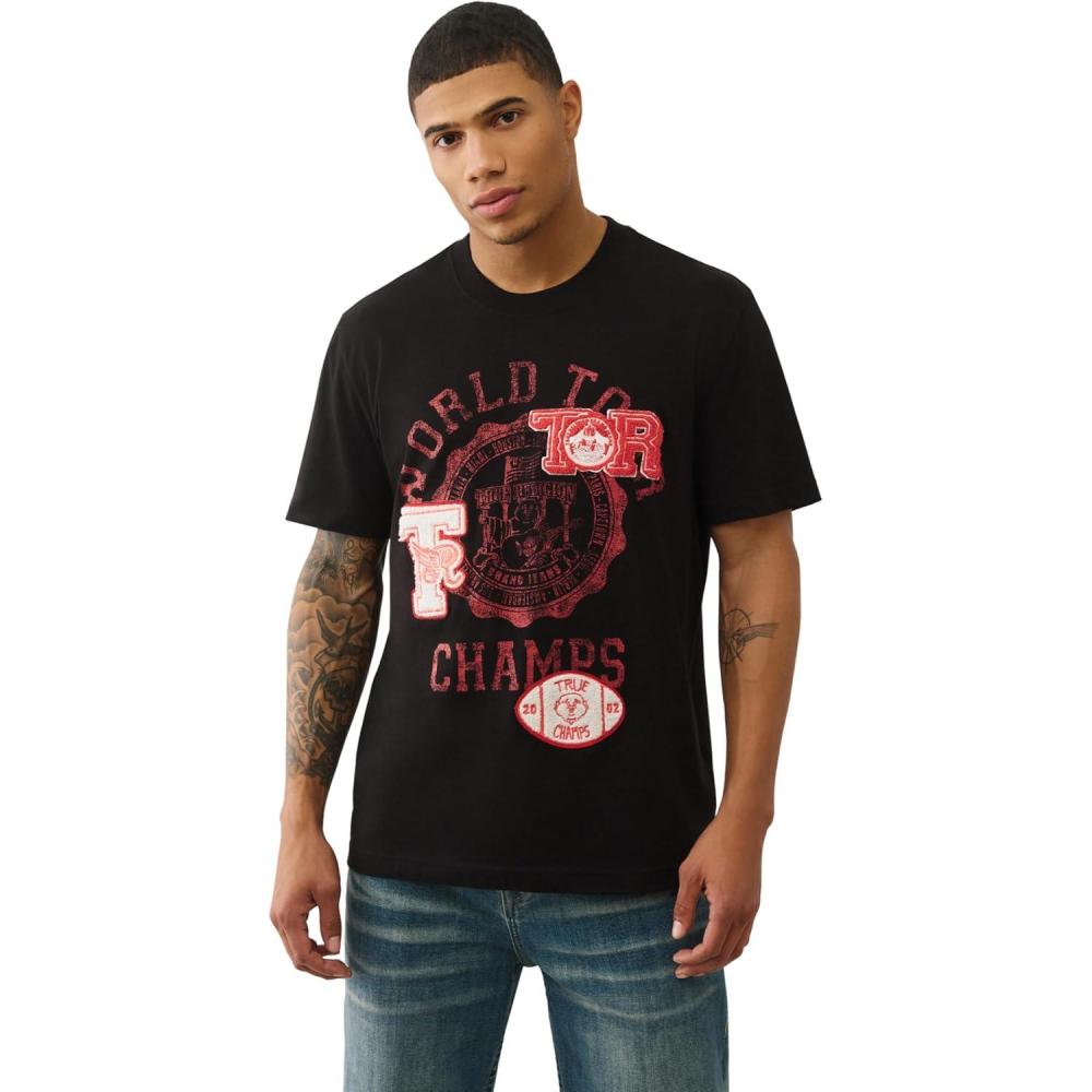 imageTrue Religion SS World Tour Champs Tee Mens Graphic TShirt in 100 Cotton Crew Neck Short Sleeve ShirtJet Black