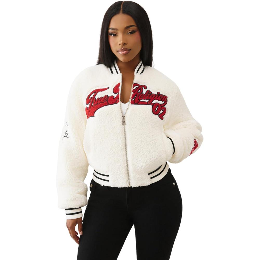 imageTrue Religion Varsity Chenille Bomber Womens Jacket  Winter Coat for Women with Bold Patches ampamp Snap ButtonsWinter White