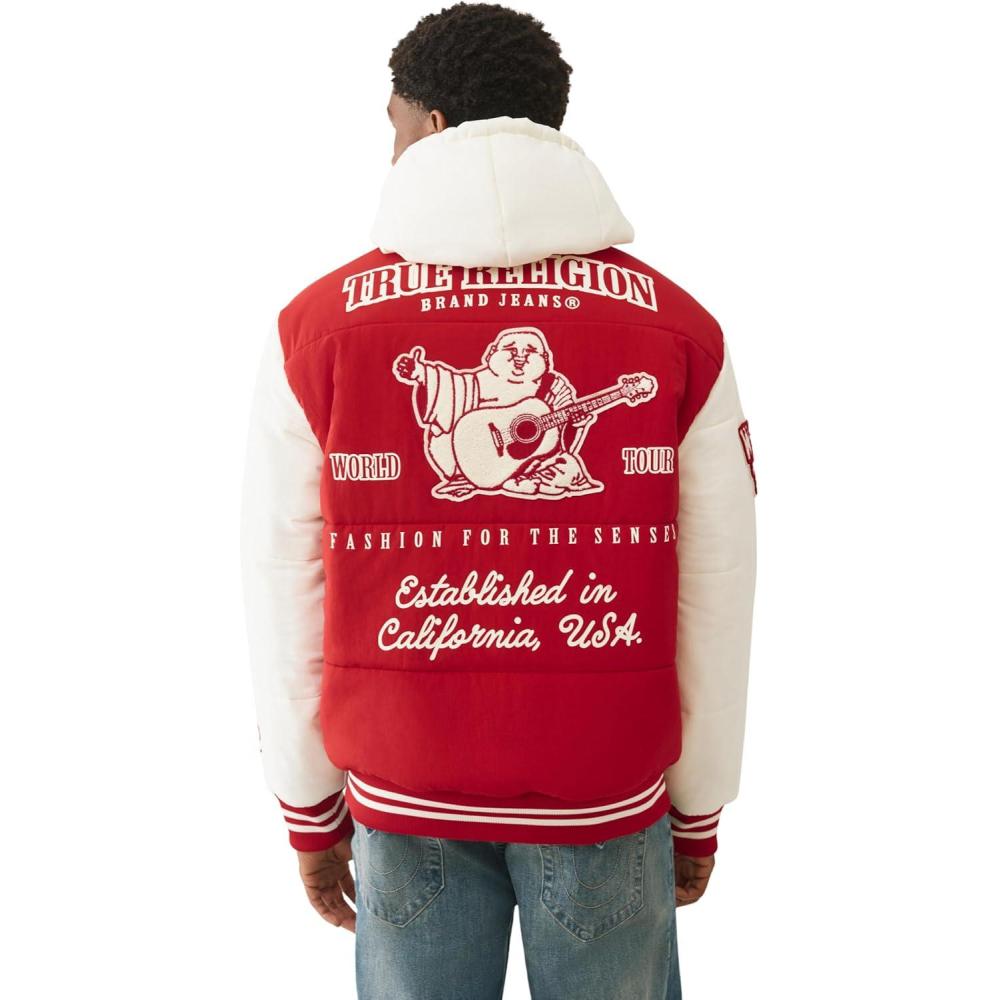 imageTrue Religion Varsity Hooded Puffer Jacket for Men  Warm Lightweight Winter Outerwear with Logo PatchesTrv Red  Winter White