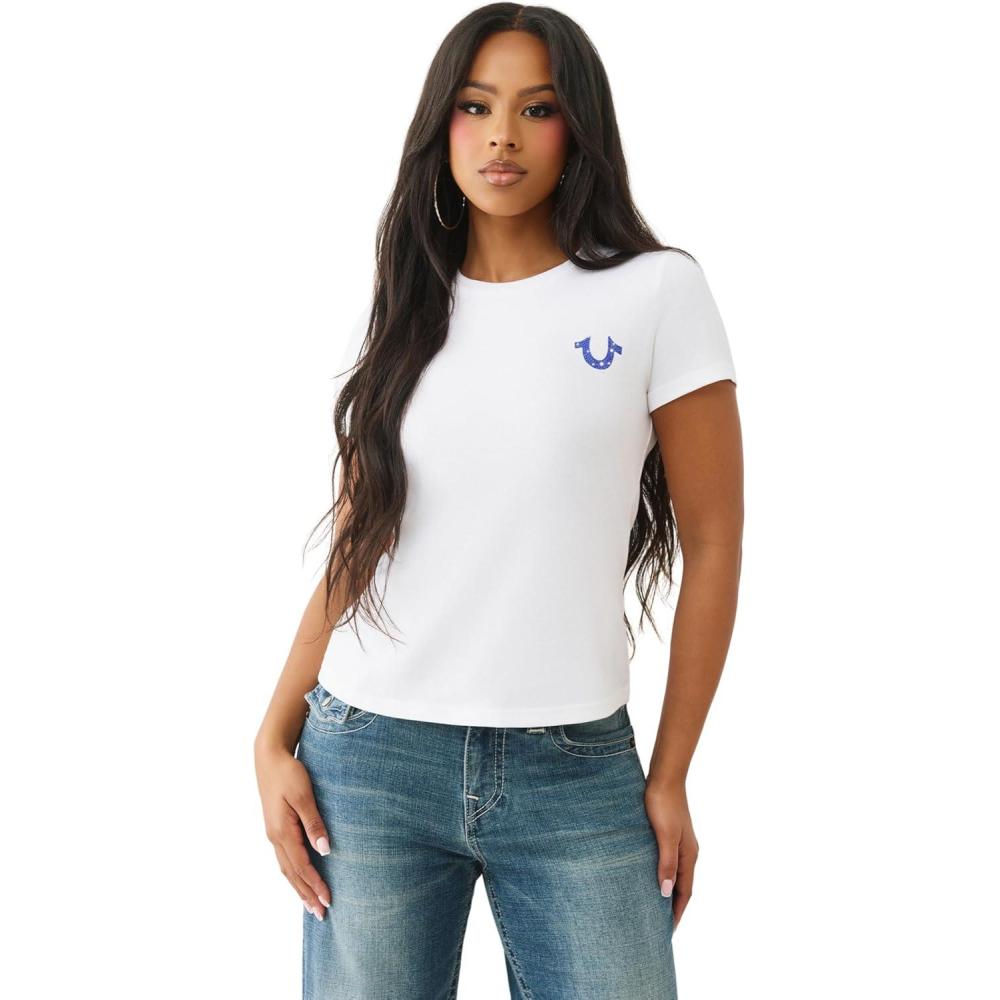 imageTrue Religion Women Crystal Crew Neck Tee Soft Cotton Blend TShirt with Metallic ampamp Crystal LogoOptic White