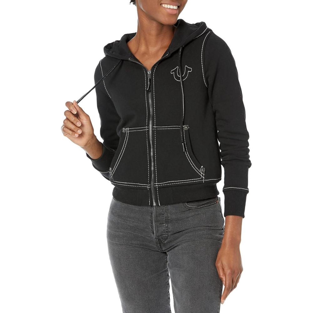 imageTrue Religion Womens Big T Classic Zip Up HoodyJet Black