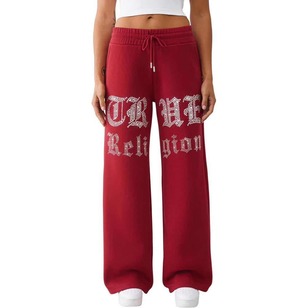 imageTrue Religion Womens Crystal Wide Leg Sweatpants  Soft Cotton Blend Flared Hem Crystal LogoRhubarb Red