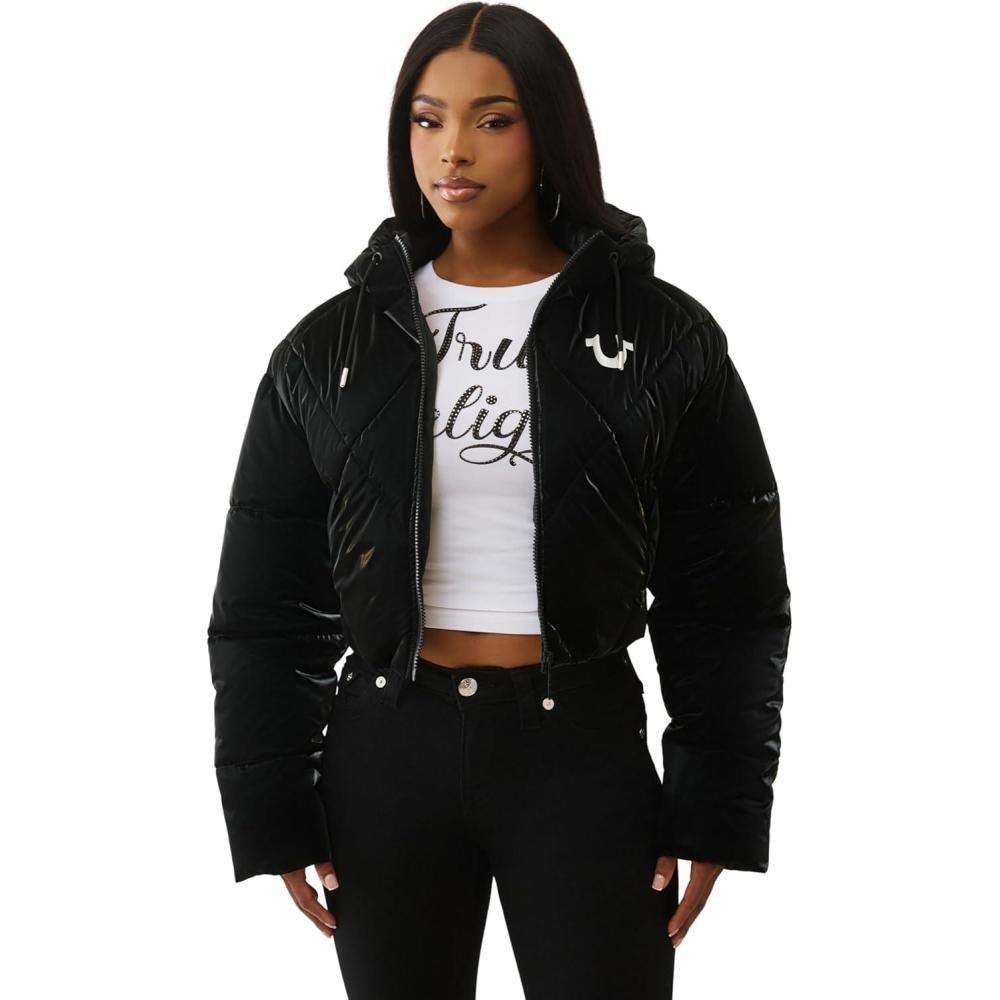 imageTrue Religion Womens High Shine Foil Hooded Puffer  Lightweight ampamp Comfortable Winter JacketJet Black