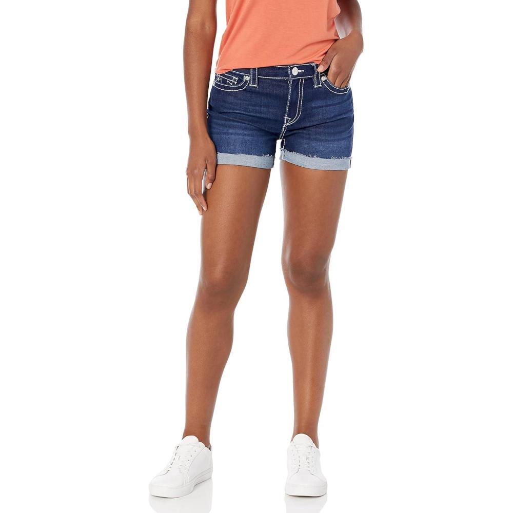 imageTrue Religion Womens Jennie Big T Raw Rolled Hem ShortDenim ShortsDark Wash