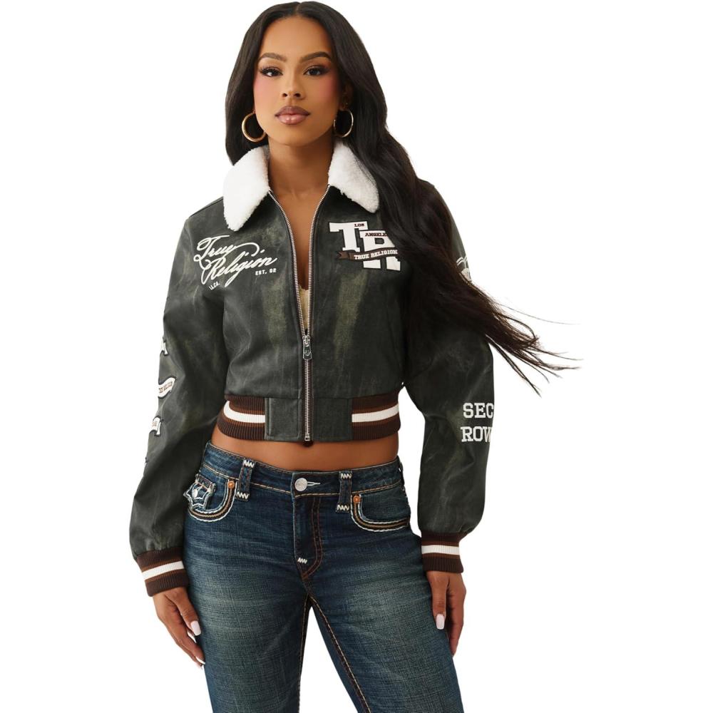 imageTrue Religion Womens Sherpa Collared Aviator Jacket  FleeceLined ButtonFront Pilot StyleWashed Brown