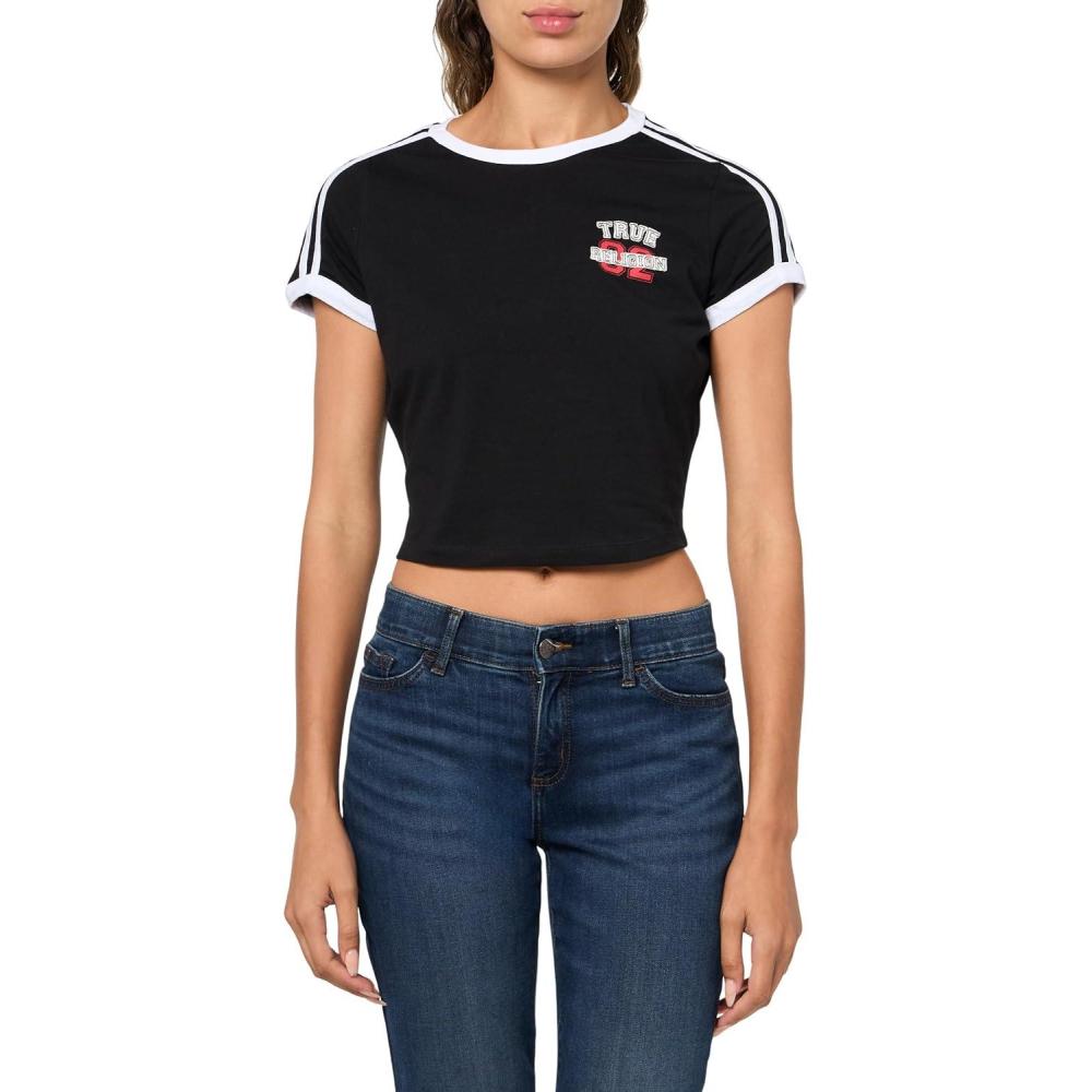 imageTrue Religion Womens Sporty TR Logo Baby Tee  Casual Crew Neck TShirtJet Black