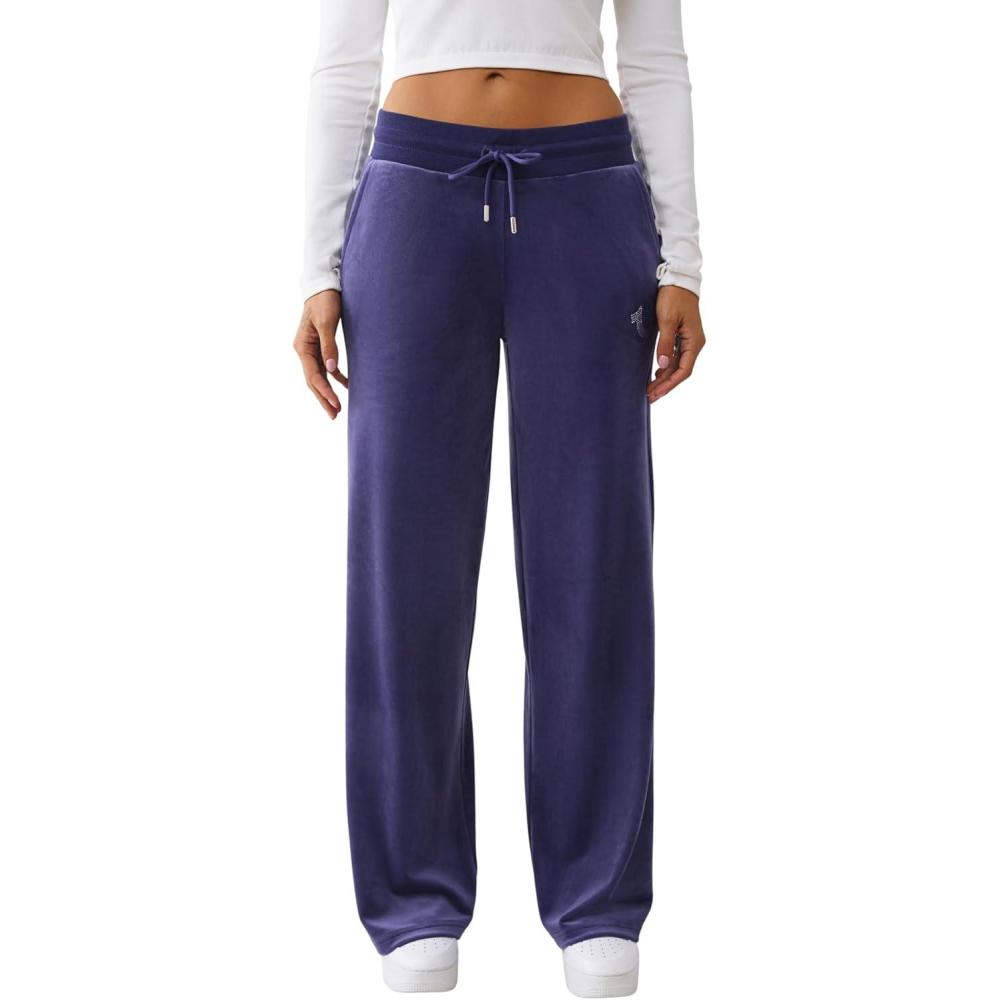 imageTrue Religion Womens Velour Sweatpants Straight Leg Track Pants with Crystal Horseshoe LogoAstral Aura